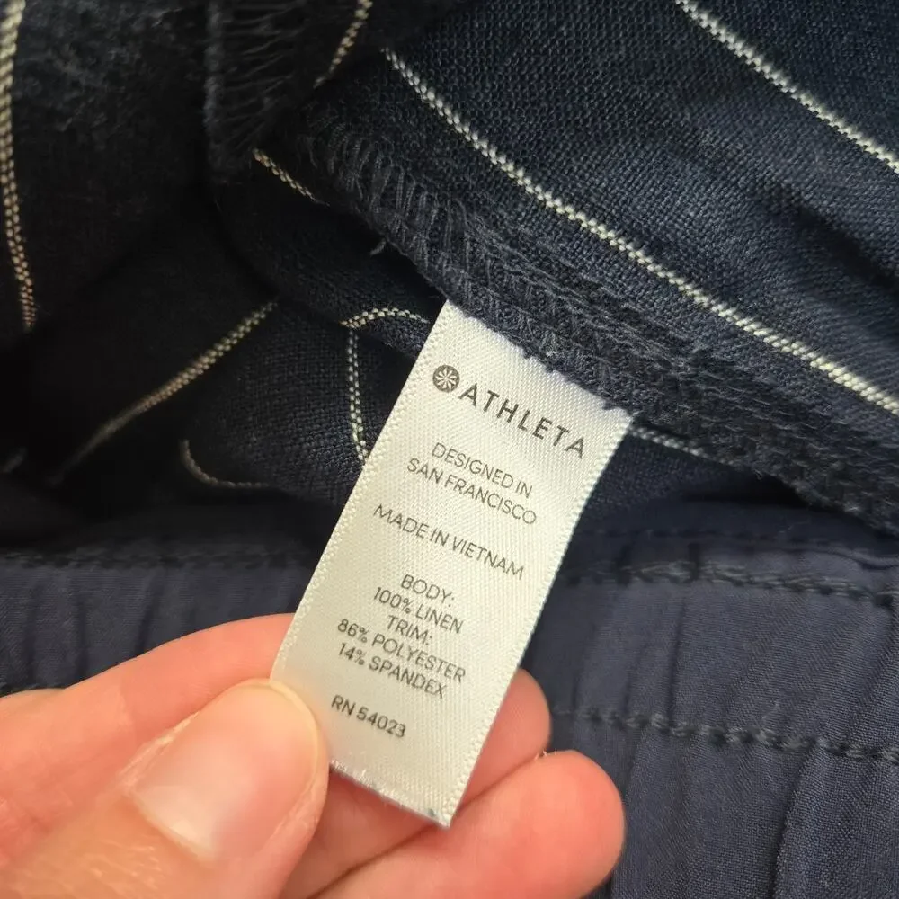 Athleta Stripe Bali Linen Crop Blue Linen Blend Pants Drawstring Size 2